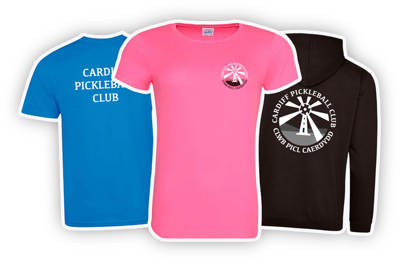 Cardiff Pickleball Club merchandise, including t-shirts and hoodies
