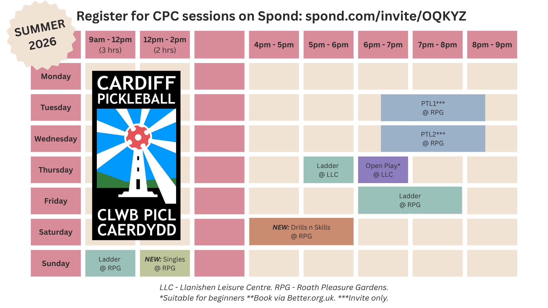 Cardiff Pickleball Club session timetable
